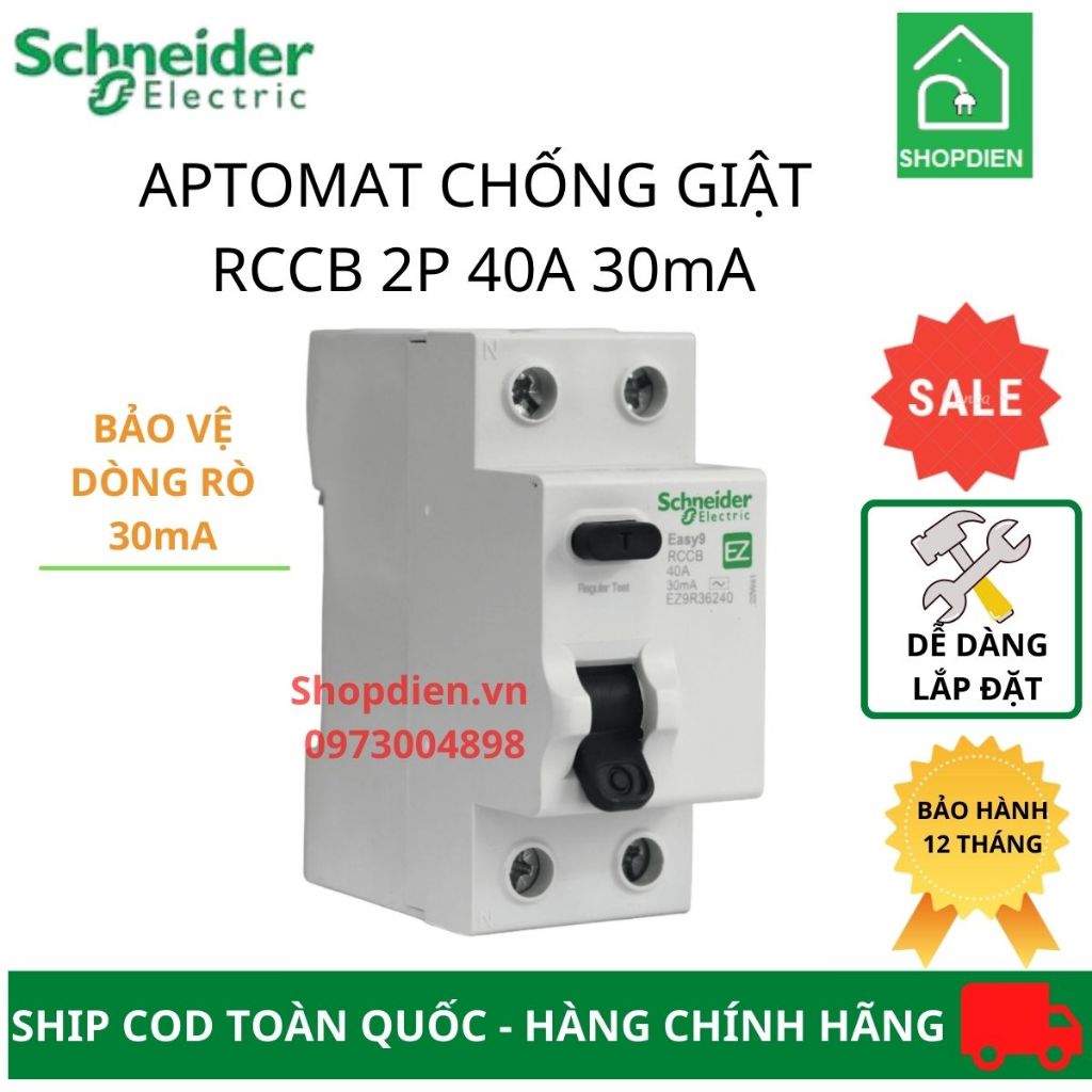 Aptomat Cầu dao chống giật chống rò điện RCCB 2P 40A 30mA Schneider EZ9R36240