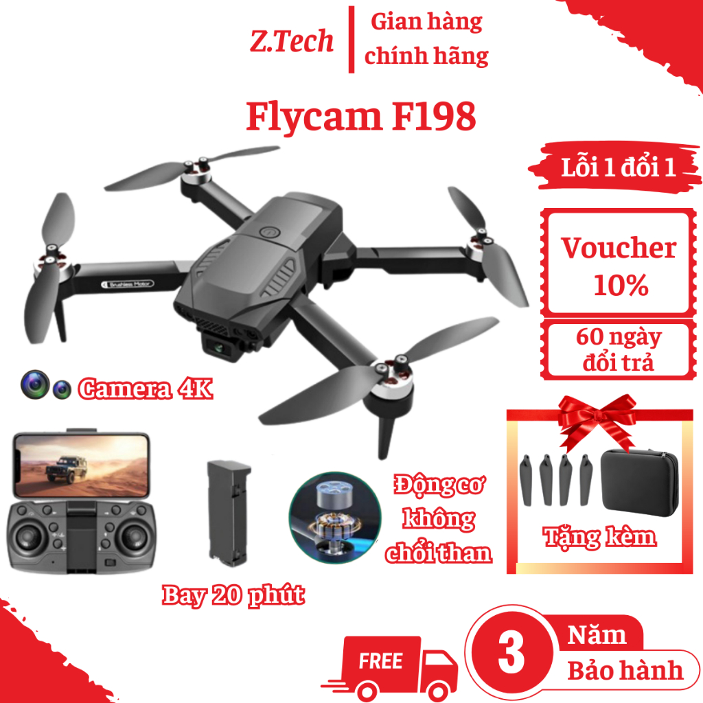 Flycam Dành Cho Người Mới Chơi, Máy Bay Không Người Lái Giá Rẻ, Fly Cam F198 Camera 4K Động Cơ Không Chổi Than