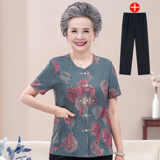 Quần áo cho bà, Bộ trung niên áo hoa lụa quần cotton ống đứng co giãn, Chất liệu mềm mại thoáng mát