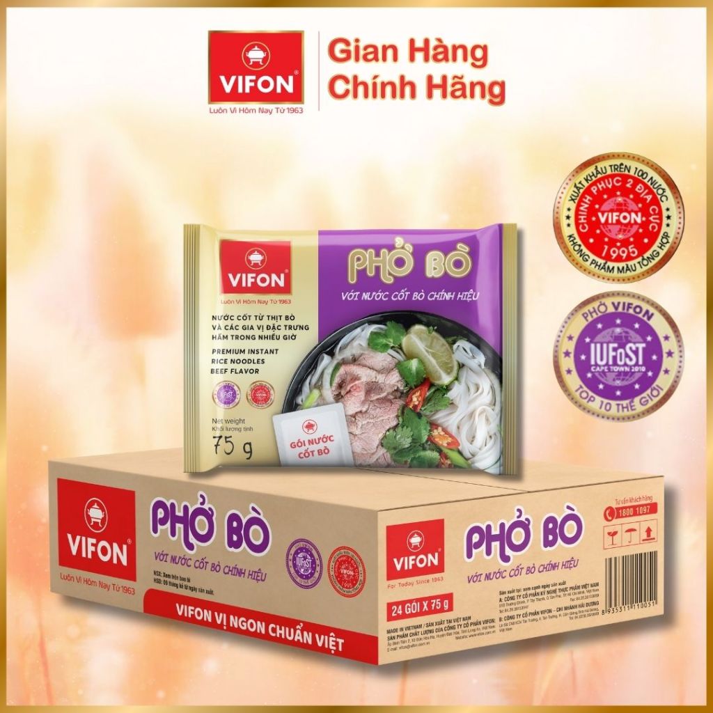 Thùng 24 Phở Bò VIFON Có Gói Nước Cốt Bò 75g/gói