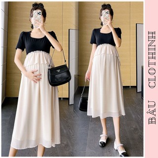Đầm váy bầu maxi dáng dài v729 thiết kế 2 màu chiết eo chất tơ voan 2 lớp mềm mịn - váy đầm công sở dự tiệc freesize