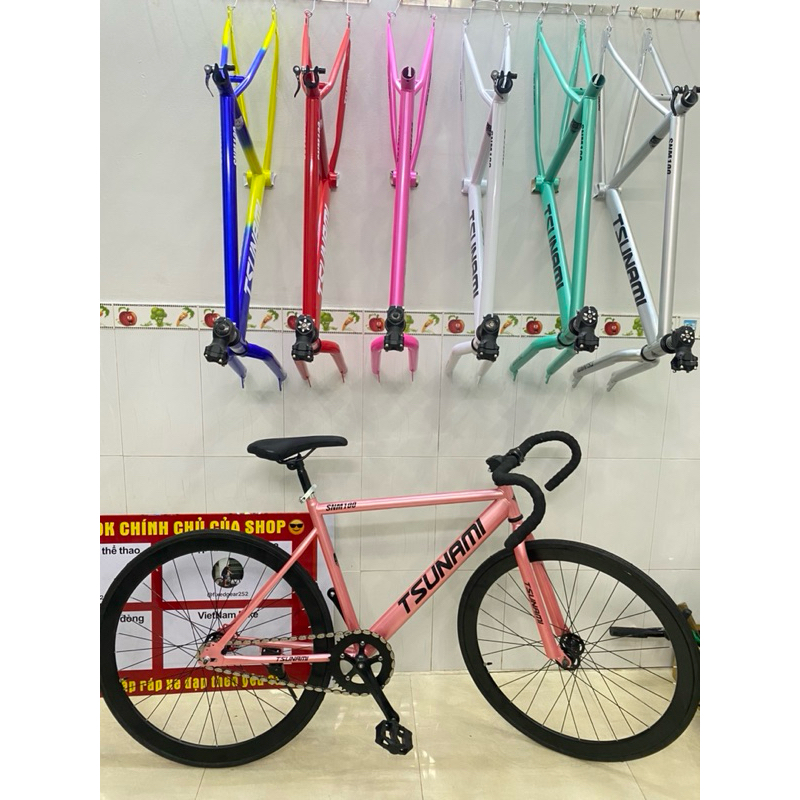 Xe đạp thể thao fixed gear tsunami & single speed hồng gold bánh đen ( kèm strap và đồ lắp)