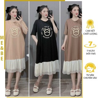 ĐẦM VÁY THUN COTTON DÁNG SUÔNG DÀI CHÂN VÁY PHỐI VOAN ĐIỆU ĐÀ IN HÌNH DỄ THƯƠNG M735 - ĐẦM CỘC TAY MẶC ĐI LÀM XINH