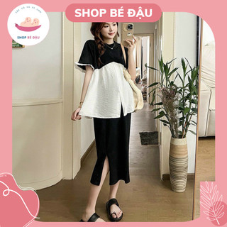 Sét váy bầu xinh chất tổ ong phối vải sơ mi chất mát