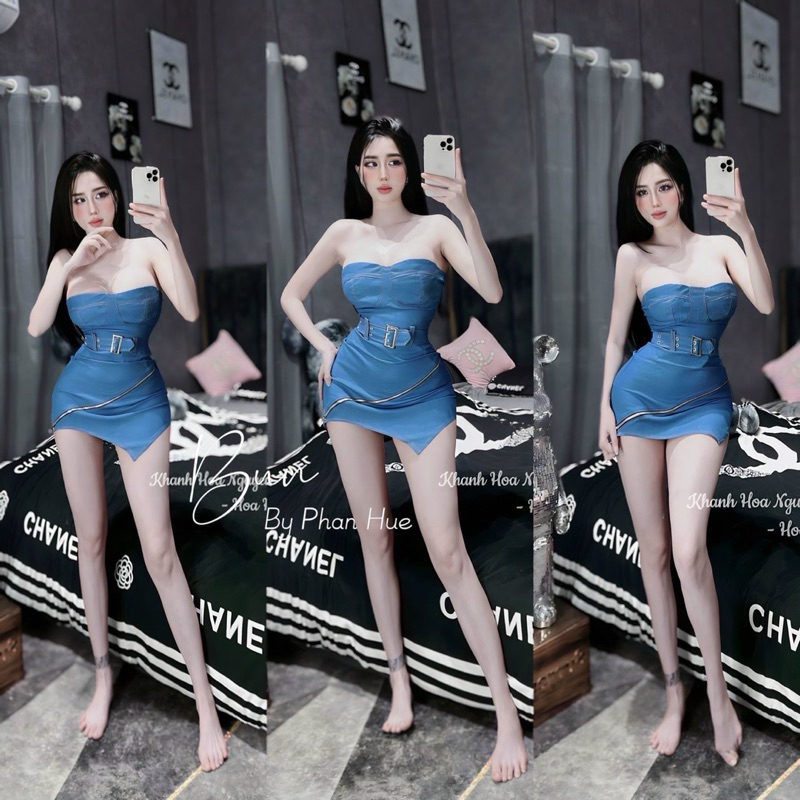 Đầm body jean khoá cúp ngực