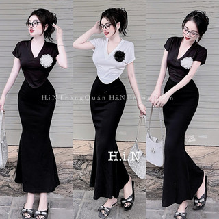 Set áo sơmi kèm hoa chân váy đuôi cá tôn dáng