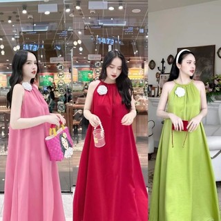 Váy lụa cổ yếm đan dây  cài hoa 40 - 120kg, đầm maxi đi tiệc đi chơi bigsize
