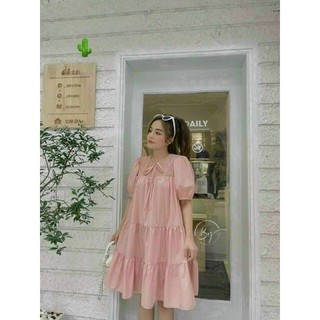 đầm baby doll hồng nhúng tầng phối nơ free size pc