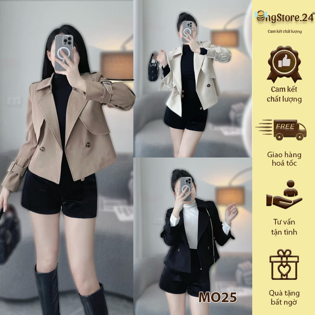 MO25/ Áo khoác vest nữ blazer kaki dáng ngắn basic croptop dày dặn HQ cao cấp thời trang thu đông du xuân du lịch 2024
