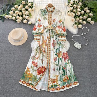 #4791 [Order] Đầm cổ chân phong cách retro Quảng Châu dài tay kèm thắt lưng họa tiết đủ size