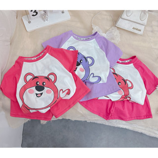 Quần áo bé gái, set bộ quần áo cộc tay chất cotton giáp lăng gấu ép nhiệt cho bé 10-30kg