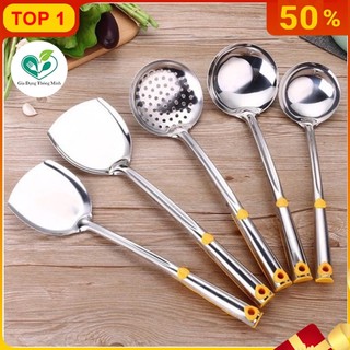 Bộ Muôi Inox Cao Cấp Cán Vàng TIM ( Muôi Thủng - Muôi Canh - Xẻng Xào) đường kính 10cm