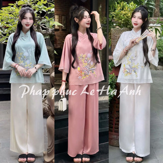 Set pháp phục, đồ lam đi chùa trắng phối viền hoa văn, bộ đi chùa hoạ tiết thổ cẩm, bộ phật tử mẫu mới