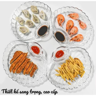 Đĩa thuỷ tinh đựng thức ăn hình vỏ sò có ngăn đựng nước chấm tiện lợi
