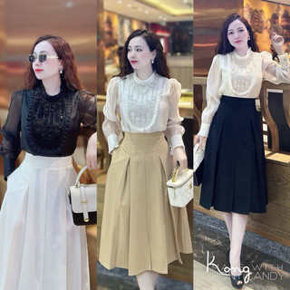 Yd160210 set áo sơ mi tơ mix chân váy xếp ly cho nữ