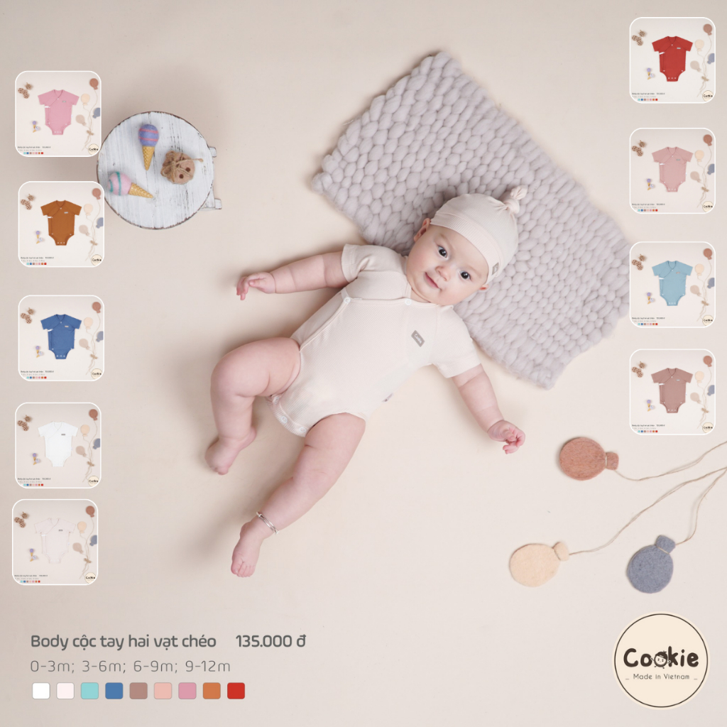 [COOKIE] Bodysuit cộc tay 2 vạt chéo cho bé size 0-3m, 3-6m, 6-9m, 9-12m