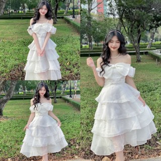  Váy công chúa trễ vai đính nơ xếp 4 tâng chất voan 2 lớp Đầm 2 dây dáng xòe dài đi chơi dự tiệc đi biển hàn quốc 