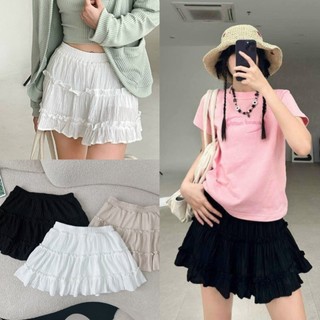 Chân váy xèo ngắn xếp 3 tầng chất voan đũi 2 lớp có quần trong, Chân váy ngắn màu đen trắng dễ thương cạp chun hàn quốc
