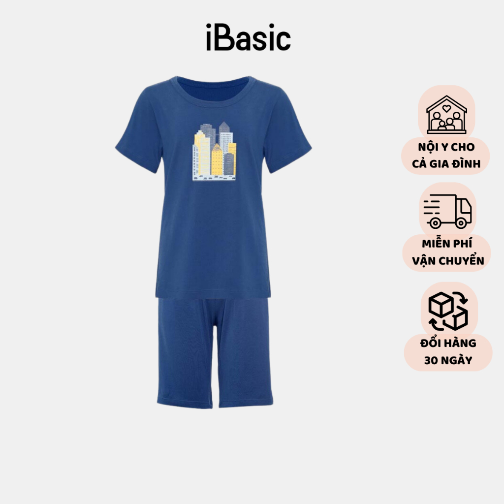 Bộ áo thun cotton mặc nhà bé trai tay ngắn hình in iBasic HOMB007T và quần HOMB007B