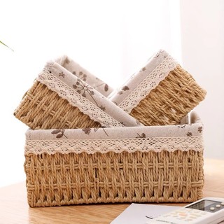 Giỏ mây đựng đồ để bàn, giỏ cói đựng mỹ phẩm, đồ khô, giỏ đi picnic có vải lót.