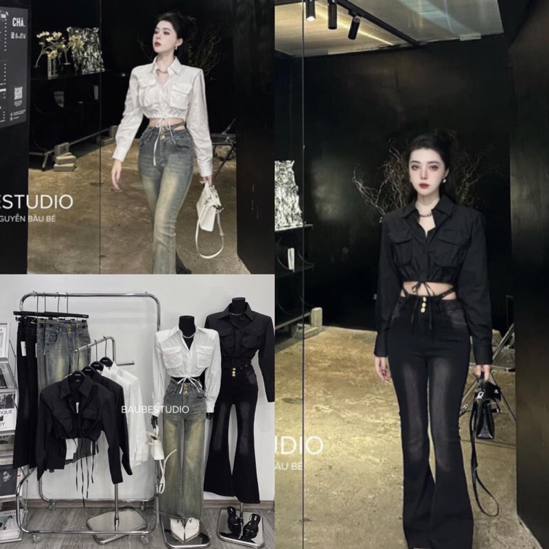 Áo sơ mi túi hộp croptop dây rút eo có đệm cầu vai siêu hot