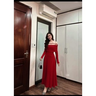 Đầm body trễ vai tay dài dáng xòe chéo dây sang chảnh - thun gân lạnh D8701