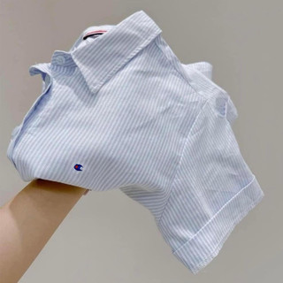 Áo sơ mi cộc tay nữ trắng xanh OMN97