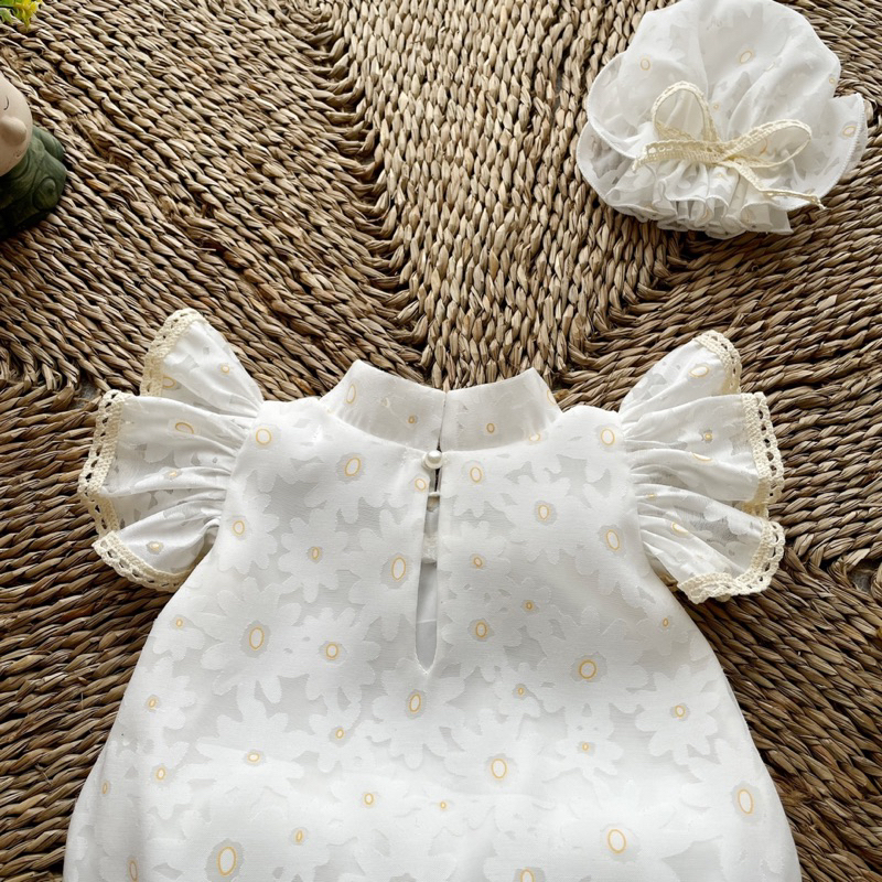 Body Cánh Tiên Cổ Tàu Trắng NHÍM XÙ KIDS Bé Gái Sơ Sinh, Đầy Tháng, Thôi Nôi Chất Tơ Hoa Ép Phối Ren B083