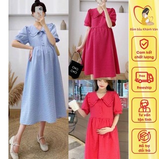 Đầm váy bầu công sở cộc tay mùa hè cổ sơ mi, kẻ caro, dáng babydoll đẹp sang trọng, đầm bầu xinh thời trang