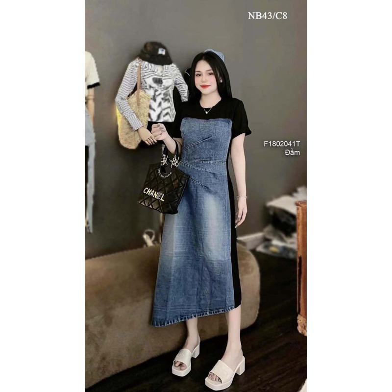 Đầm thun phối jean tay ngắn xẻ tà sau cá tính! TMT house