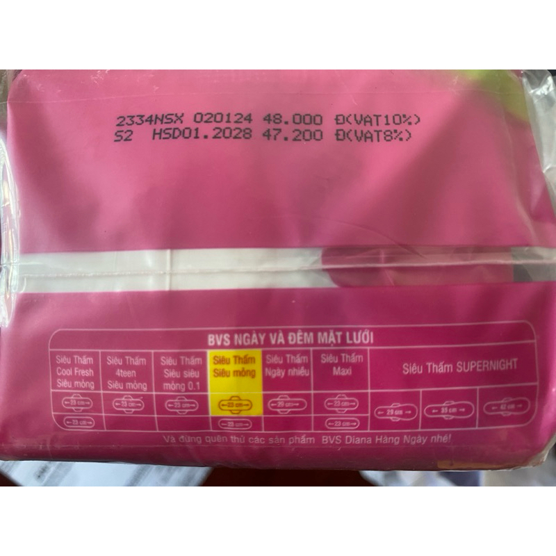 Lốc 4 gói BVS Diana Siêu Thấm Siêu Mỏng Cánh Gói 20 Miếng mặt lưới 23cm - chính hãng