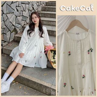 [SẴN] Đầm Váy Babydoll Trắng Dáng Xòe Váy Babydoll Linen 2 Lớp Hoa Thêu Váy Hoa Dài Tay Nữ Tính Cakecat