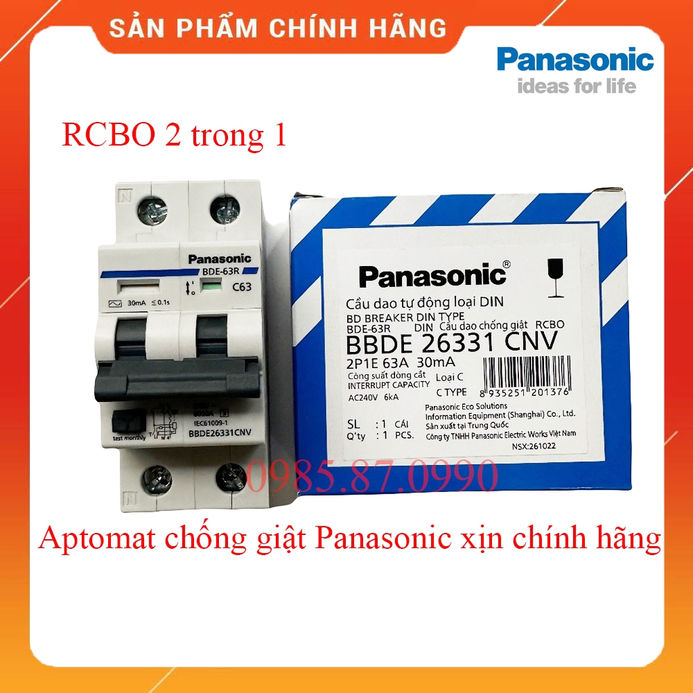 Aptomat chống giật Panasonic - CB cầu dao chống dòng dò RCBO 20A, 25A, 32A, 40A, 50A, 63A