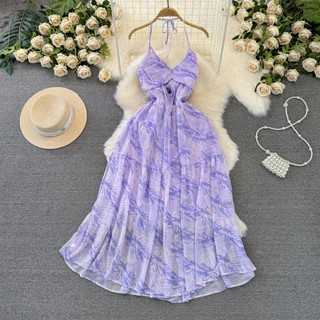 #4805 [Order] Đầm Quảng Châu màu tím chất voan cột nơ hở lưng phía sau có lót trong ngọt ngào
