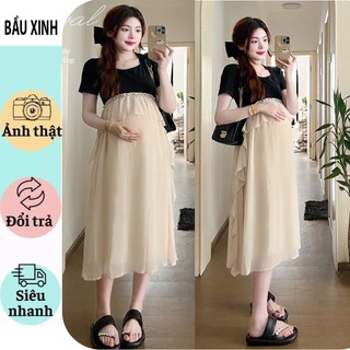 ĐẦM VÁY BẦU V729 THIẾT KẾ DÁNG SUÔNG BÁNH BÈO VẢI COTTON PHỐI CHÂN VOAN MỀM MẠI MẶC ĐI TIỆC CƯỚI, CÔNG SỞ DẠO PHỐ FRESIZ