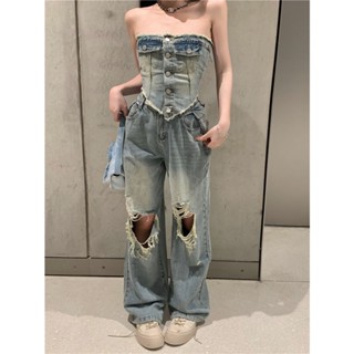 JB015 Set jean áo cup ngực sexy vạt bầu quần ống rộng lưng cao rách gối tua rua phong cách