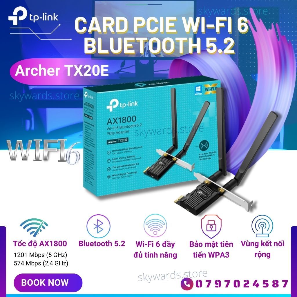 Card mạng không dây PCIe WiFi 6 Bluetooth 5.2 TP-LINK Archer TX20E _mới 100%
