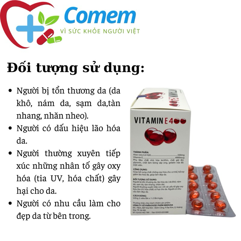 Hộp 400 Viên uống sáng da VITAMIN E ĐỎ - Vitamin E400 - Vitamin E 400iu - Vitamin E 400 Hộp 100 viên giúp làm sáng da