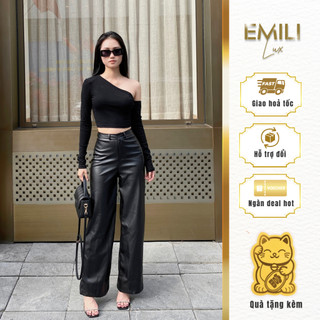 Set đồ nữ Emili áo lệch vai dài tay phối quần da dáng suông cá tính 