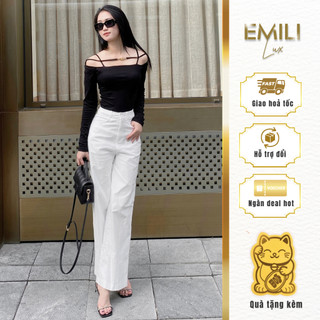 Set đồ nữ Emili áo kiểu trễ vai phối quần suông kaki, áo hai dây trễ vai dài tay 