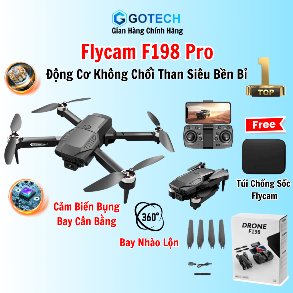 Flycam F198 Pro Động Cơ Không Chổi Than Siêu Bền, Flycam Tập Bay Giá Rẻ Có Cảm Biến Bụng Bay Giữ Thăng Bằng Nhào Lộn 360