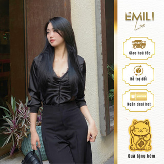 Set bộ đồ nữ công sở Emili, áo sơ mi lụa nữ phối quần vải suông sang chảnh chất tuyết mưa 