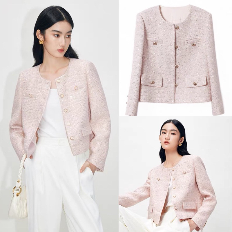 (MORAN STUDIO) - SẴN - Áo khoác dạ tweet bling bling hồng và kem  phong cách Young vibe HQ