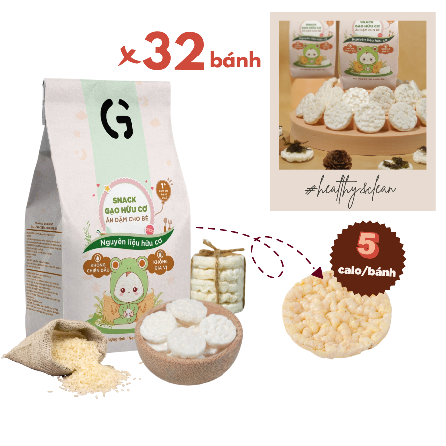 Bánh snack ăn dặm hữu cơ cho bé GUfoods (Gói 5g / 40g) - Thành phần gạo organic, Không gia vị, Dễ Tiêu hoá