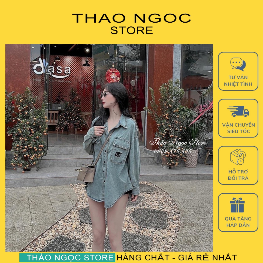 Áo sơ mi jean thêu logo CH hàng chuẩn! (có sẵn, hình thật mẫu mặc) THẢO NGỌC STORE