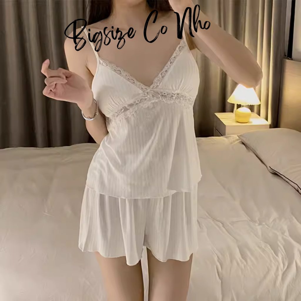 Set áo hai dây viền ren bigsize nữ chéo ngực quần đùi nữ chất gân tăm co giãn mặc ngủ quyến rũ thoải mái SET48