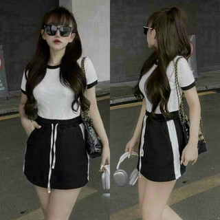 Set bộ thun gân áo tay ngắn viền croptop + chân váy a viền có lót quần