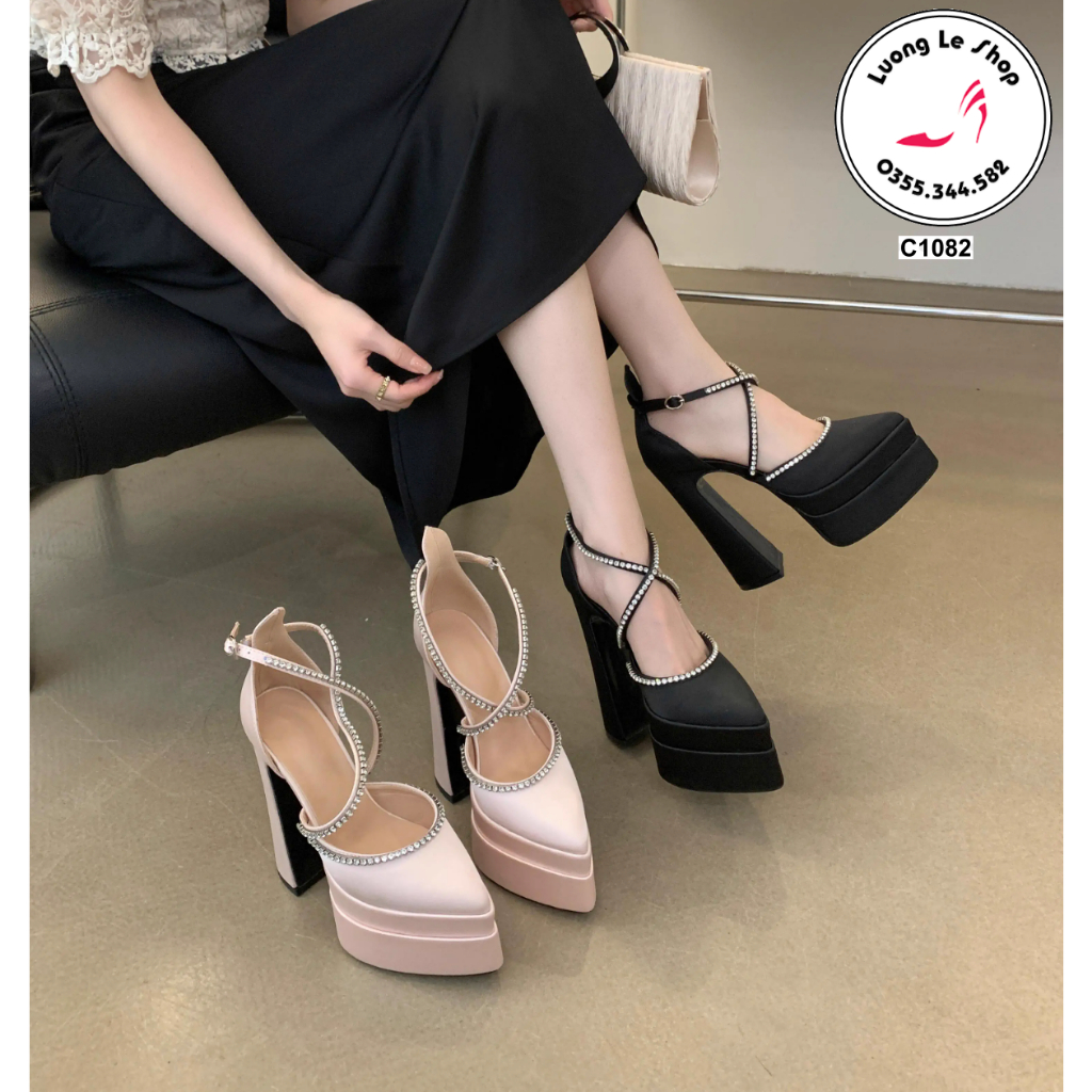 Giày cao gót 15cm đế đúp 2 tầng mũi nhọn quai viền đá 2 màu đen hồng dự tiệc sự kiện catwalk C1082
