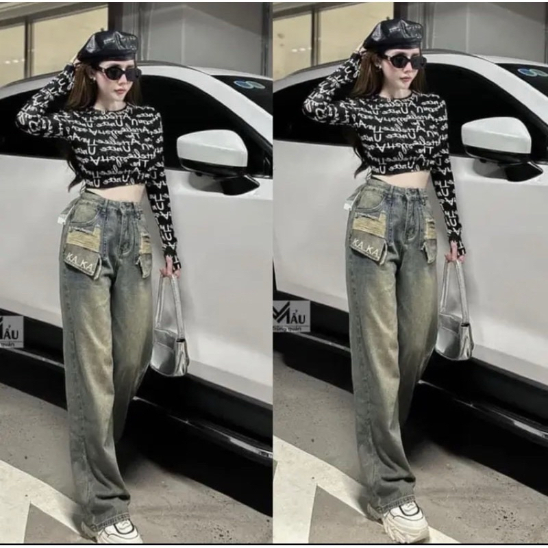 Quần Bò Jeans Nữ Ống Rộng Phối Túi Thêu Chữ KAKA, Quần Bò Denim Ống Rộng Suông Cạp Cao Hách Dáng
