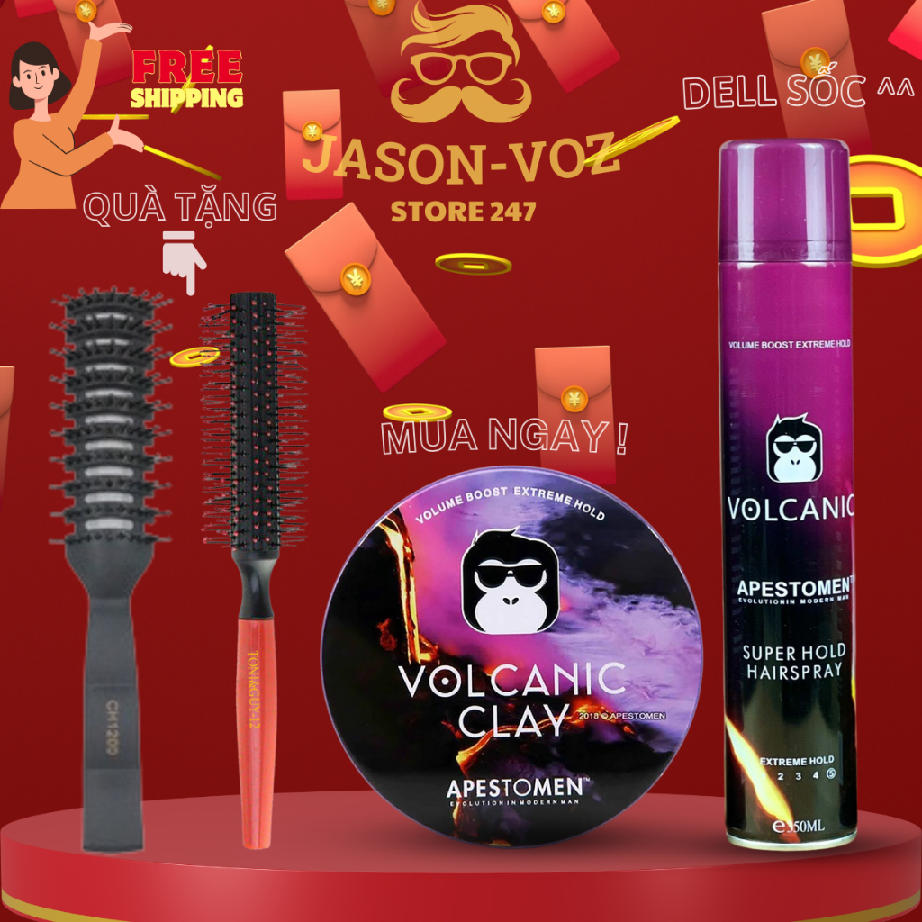 Combo gôm(keo) xịt tóc Volcanic + sáp vuốt tóc Clay tạo kiểu giữ nếp chính hãng
